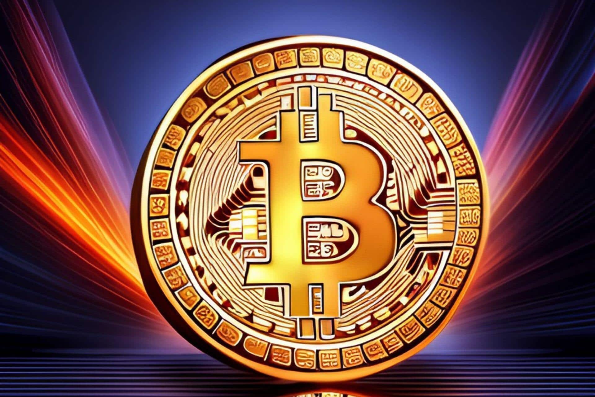 close up of a gold bitcoin on a blue and orange background