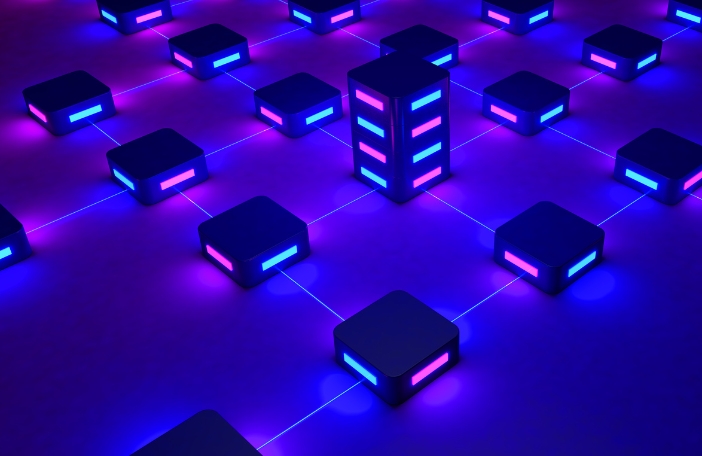 futuristic image of blockchain with purple tint background