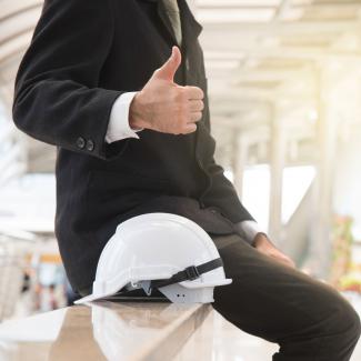 thumbs up, good, man, male, suit, hard hat, construction, job, hired, work, employee
